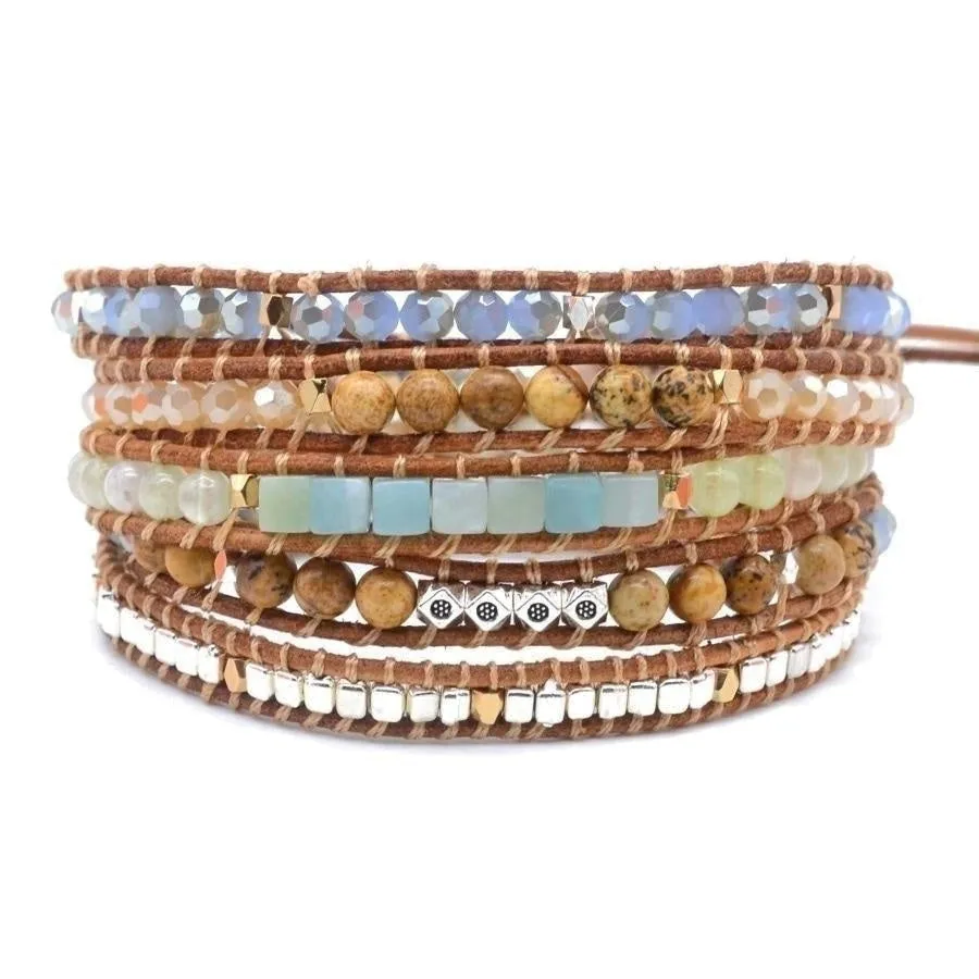 Natural Amazonite & Jasper Leather Wrap Bracelet