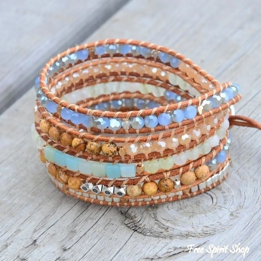 Natural Amazonite & Jasper Leather Wrap Bracelet