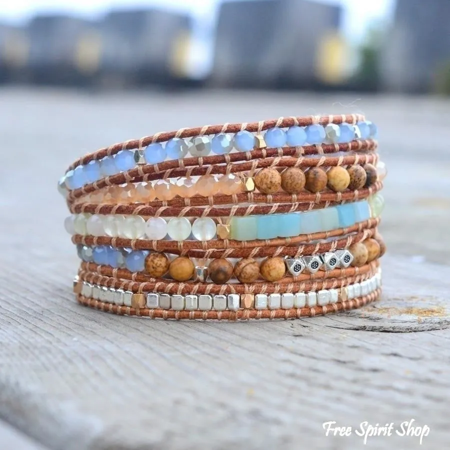 Natural Amazonite & Jasper Leather Wrap Bracelet