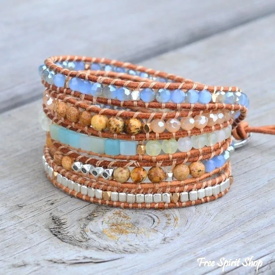 Natural Amazonite & Jasper Leather Wrap Bracelet