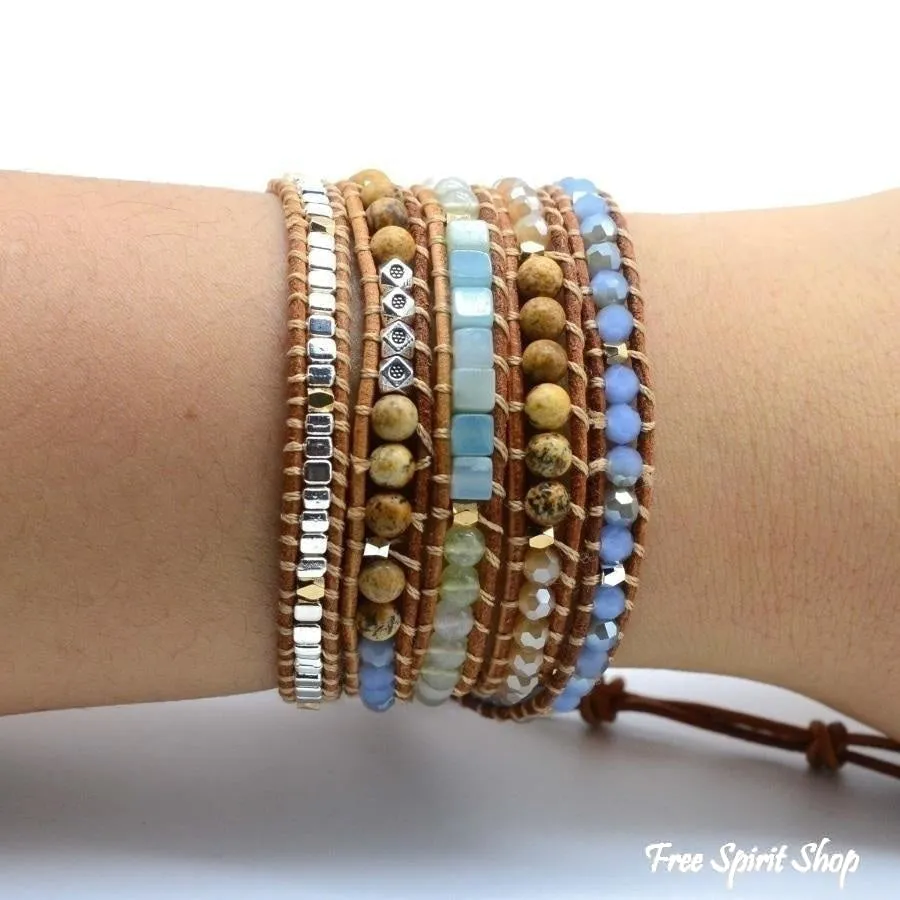 Natural Amazonite & Jasper Leather Wrap Bracelet