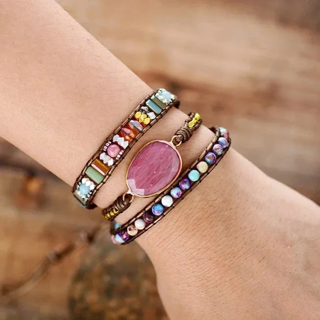 Natural Rhodonite & Jasper Wrap Bracelet