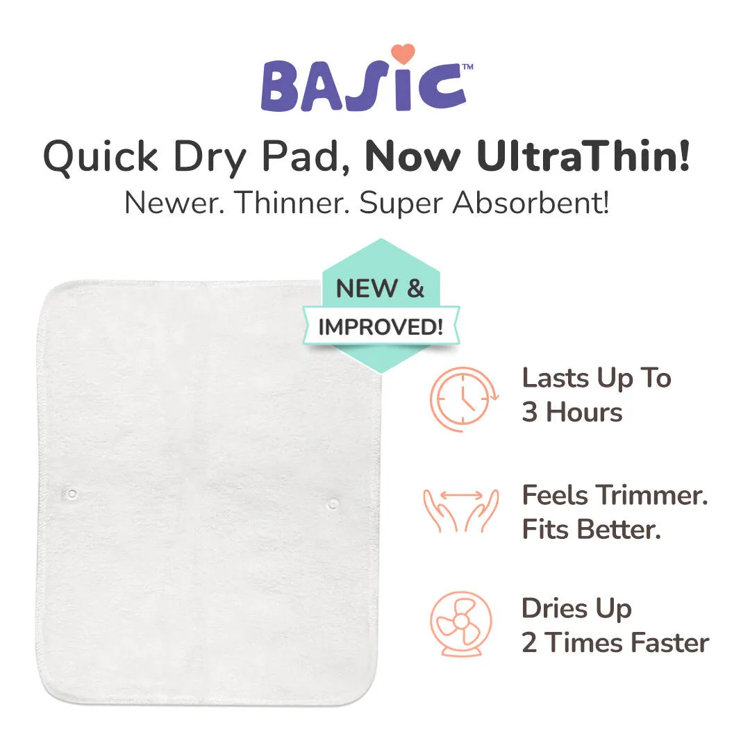 Pack of 7 BASIC Diaper, New & Improved with EasySnap & Quick Dry UltraThin Pad - (7 Shell + 7 Pads) - No Print Choice