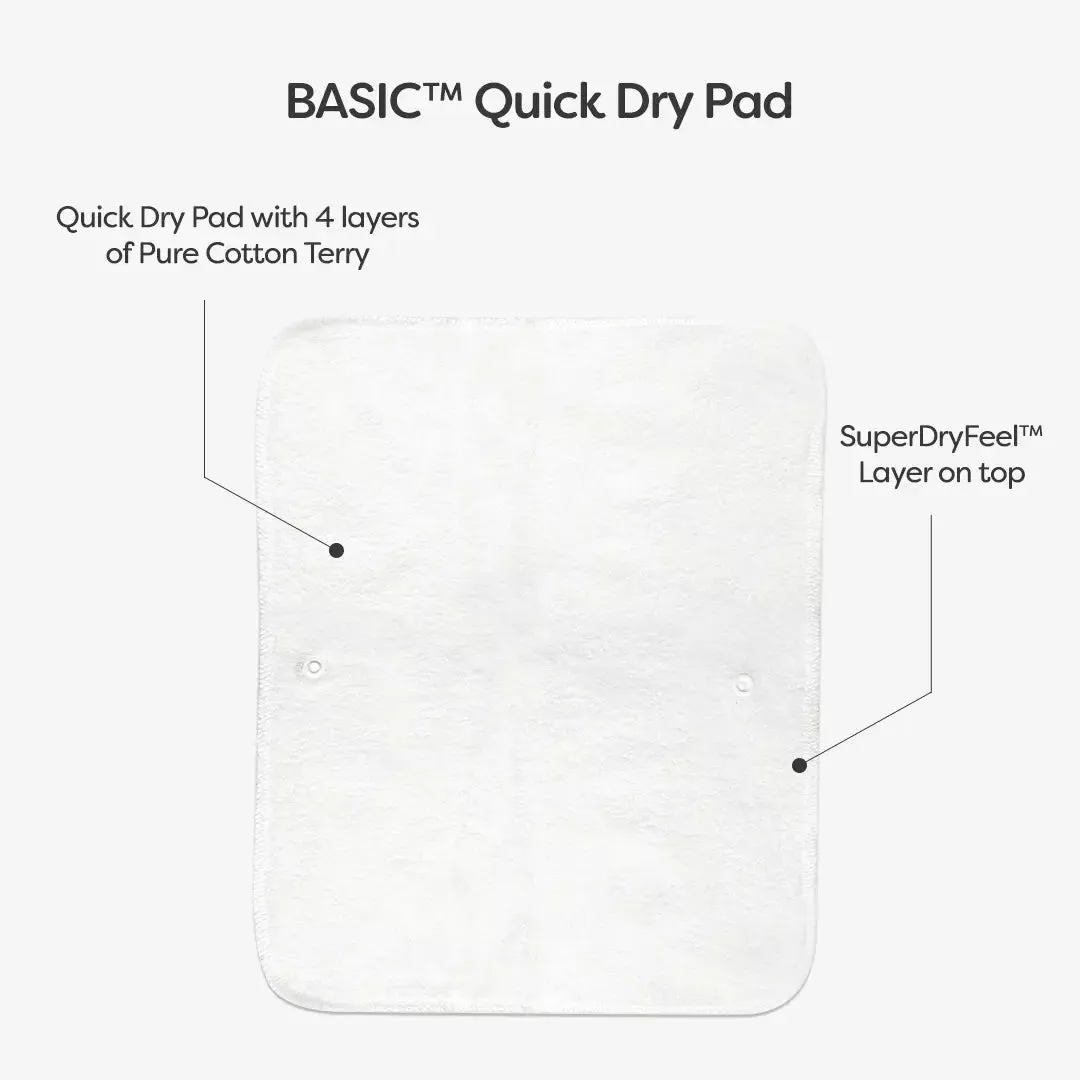 Pack of 7 BASIC Diaper, New & Improved with EasySnap & Quick Dry UltraThin Pad - (7 Shell + 7 Pads) - No Print Choice