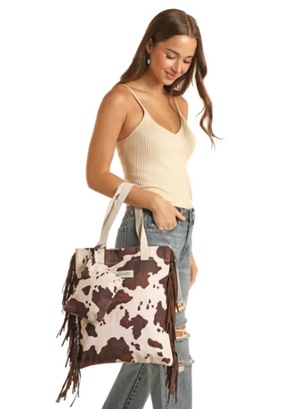 Rock and Roll Cowgirl Brown Cow Print Pattern Shoulder Handbag