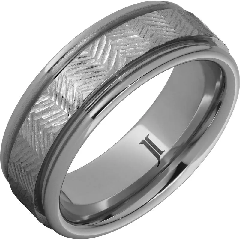 Rugged Tungsten Chevron Hand Engraved Ring