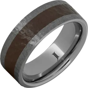 Rugged Tungsten Ring With Brown Ceramic Inlay and Hammer Finish