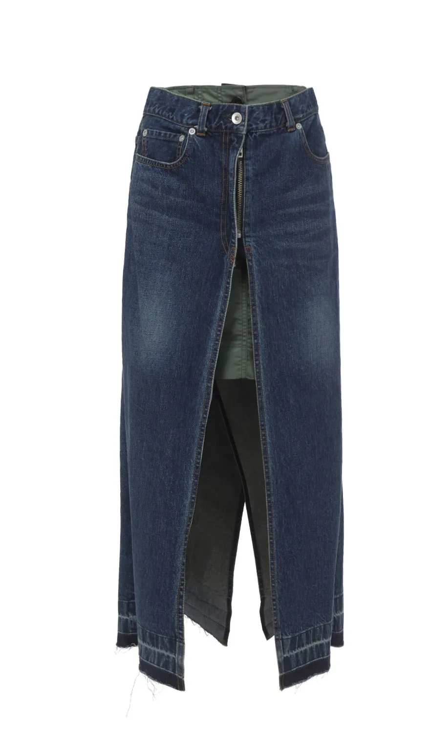 Sacai Layered Buttoned Midi Denim Skirt