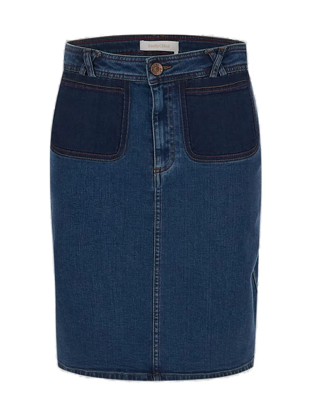 See By Chloé Logo Patch Denim Pencil Skirt