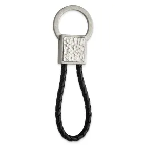 Stainless Steel & Black Leather Brushed & Hammered Key Chain