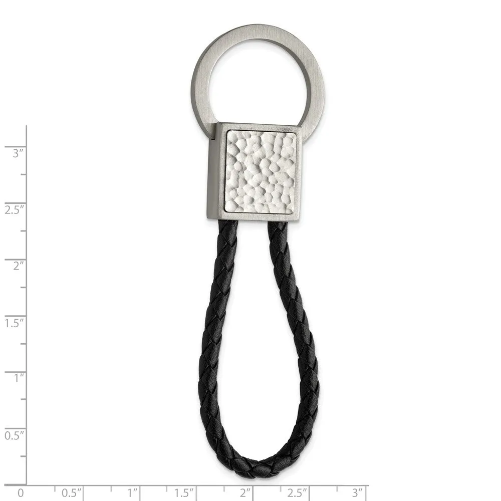 Stainless Steel & Black Leather Brushed & Hammered Key Chain