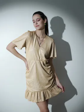 Women Beige Gold Wrap A-Line Mini Dress