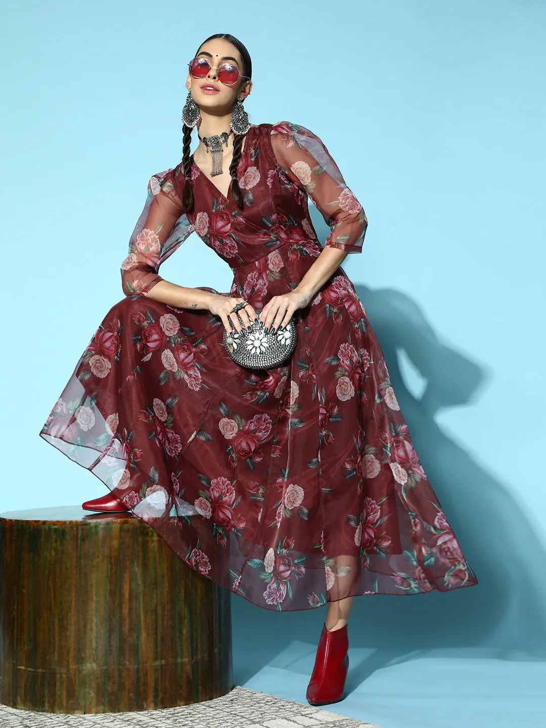 Women Maroon Floral Wrap Anarkali Maxi Dress