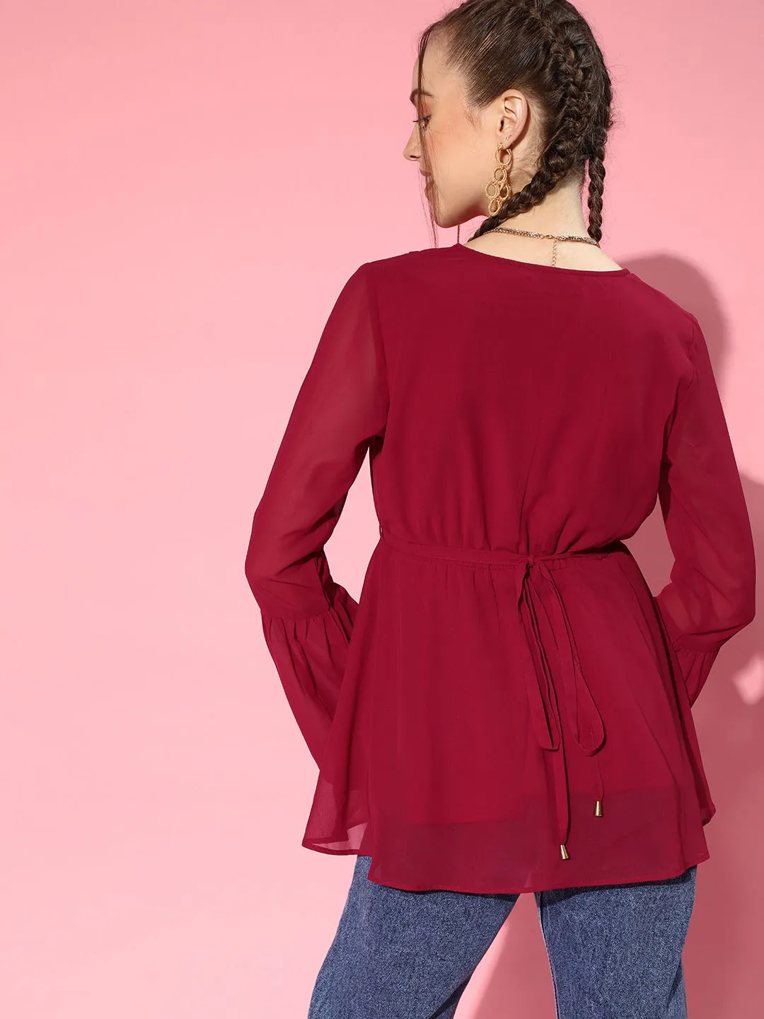 Women Maroon Wrap Drawstring Peplum Top