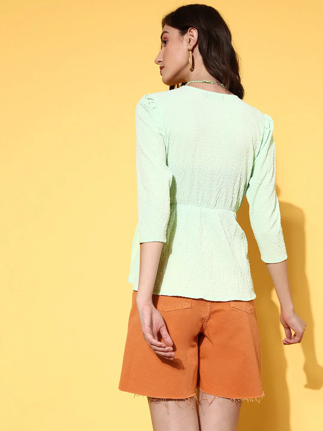 Women Mint Green V-Neck Wrap Peplum Top