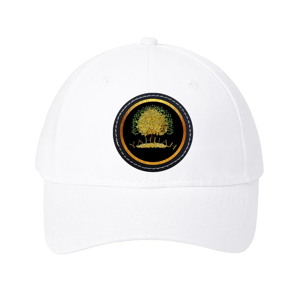 Yahuah-Tree of Life 03-01 Designer Six Panel Twill Baseball Cap with Round Leather Patch (8 hat colors; black/white patch colors