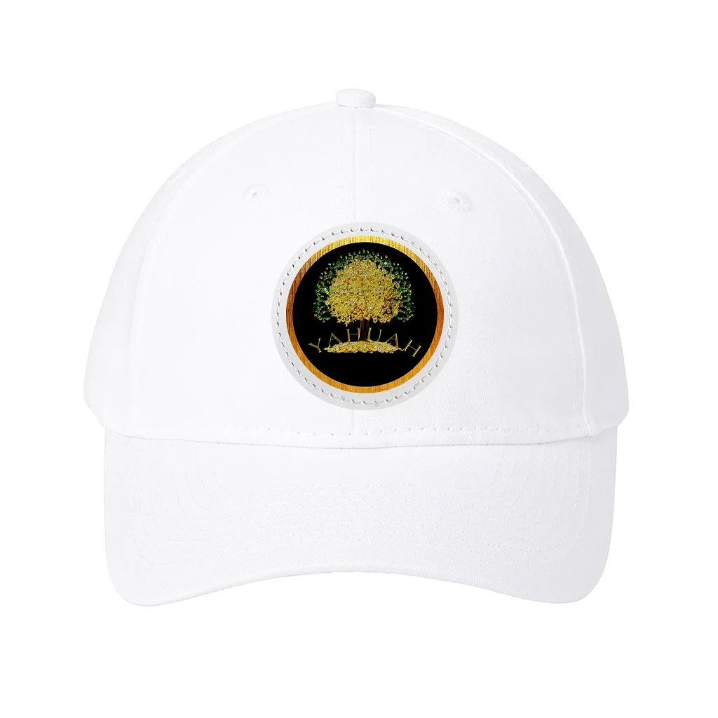 Yahuah-Tree of Life 03-01 Designer Six Panel Twill Baseball Cap with Round Leather Patch (8 hat colors; black/white patch colors